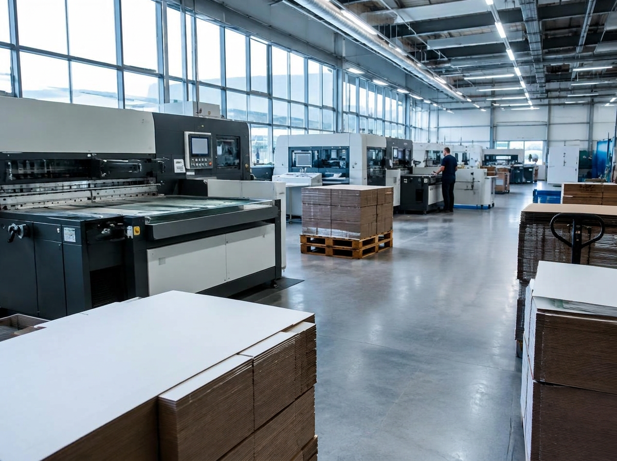 Packaging production floor with printing and die-cutting machines