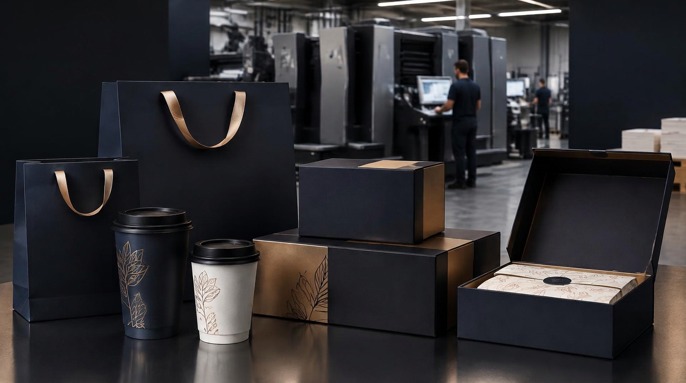 Premium navy and gold packaging boxes, paper cups and shopping bags in front of a printing press